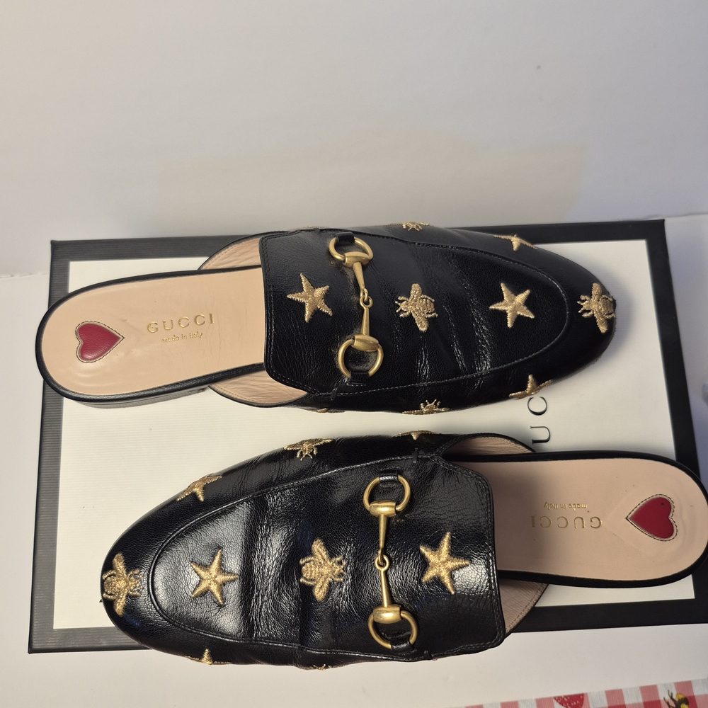 Gucci Authentic Preloved Black Leather Women's Mules with Gold Accents
